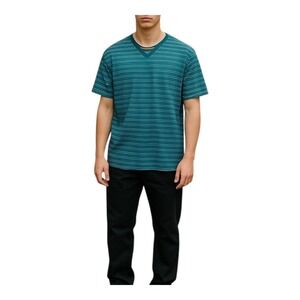 Lululemon 5‎ Year Basic V-Neck Tee T-Shirt Striped Teal Blue Men's Size Large